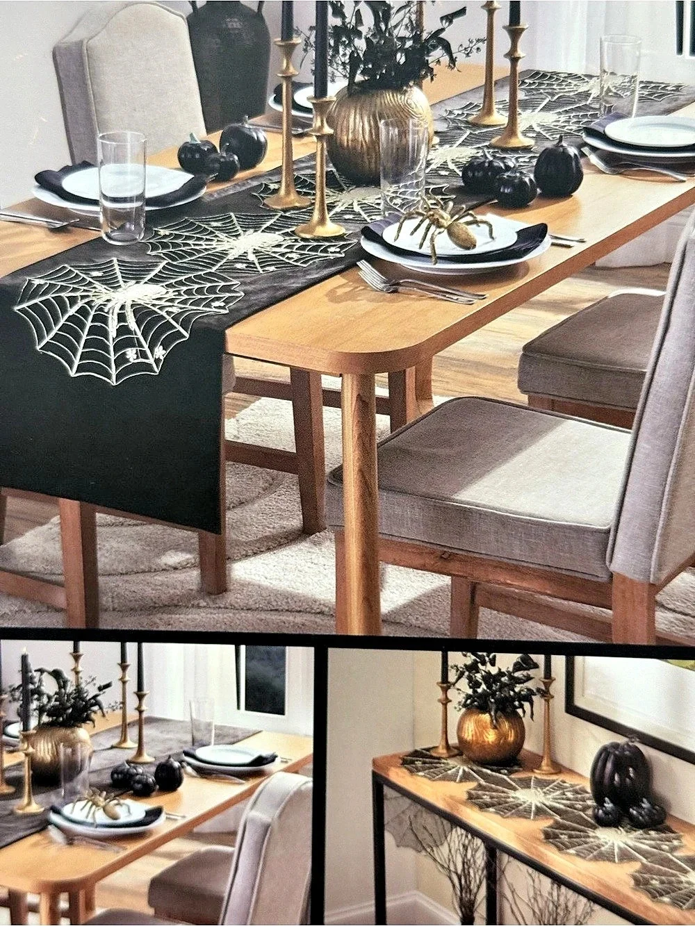 Tahari Home Spiderweb Table Runner Black & Gold set of 2 NWT